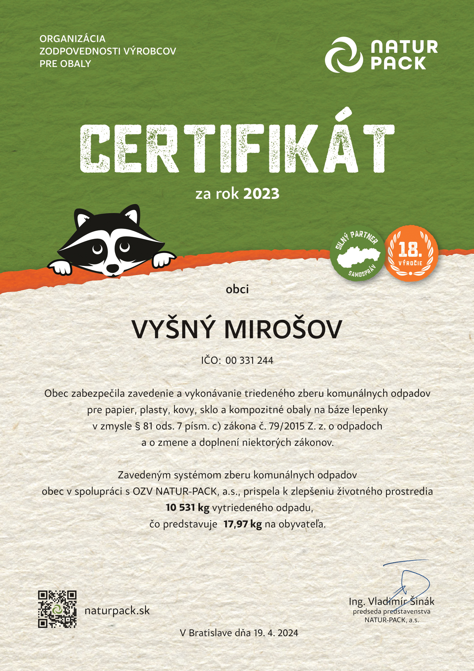 Certifikát za rok 2023